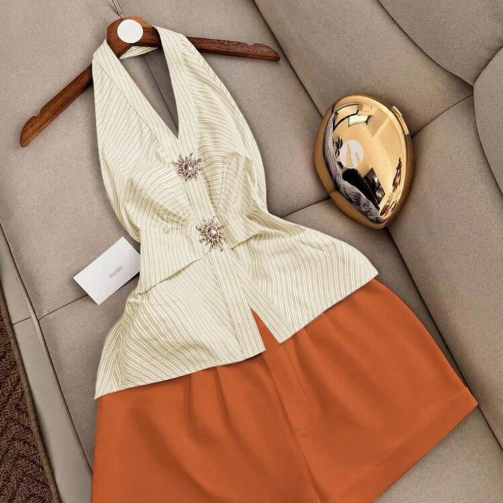 Elegant Cream Top & Orange Shorts Set